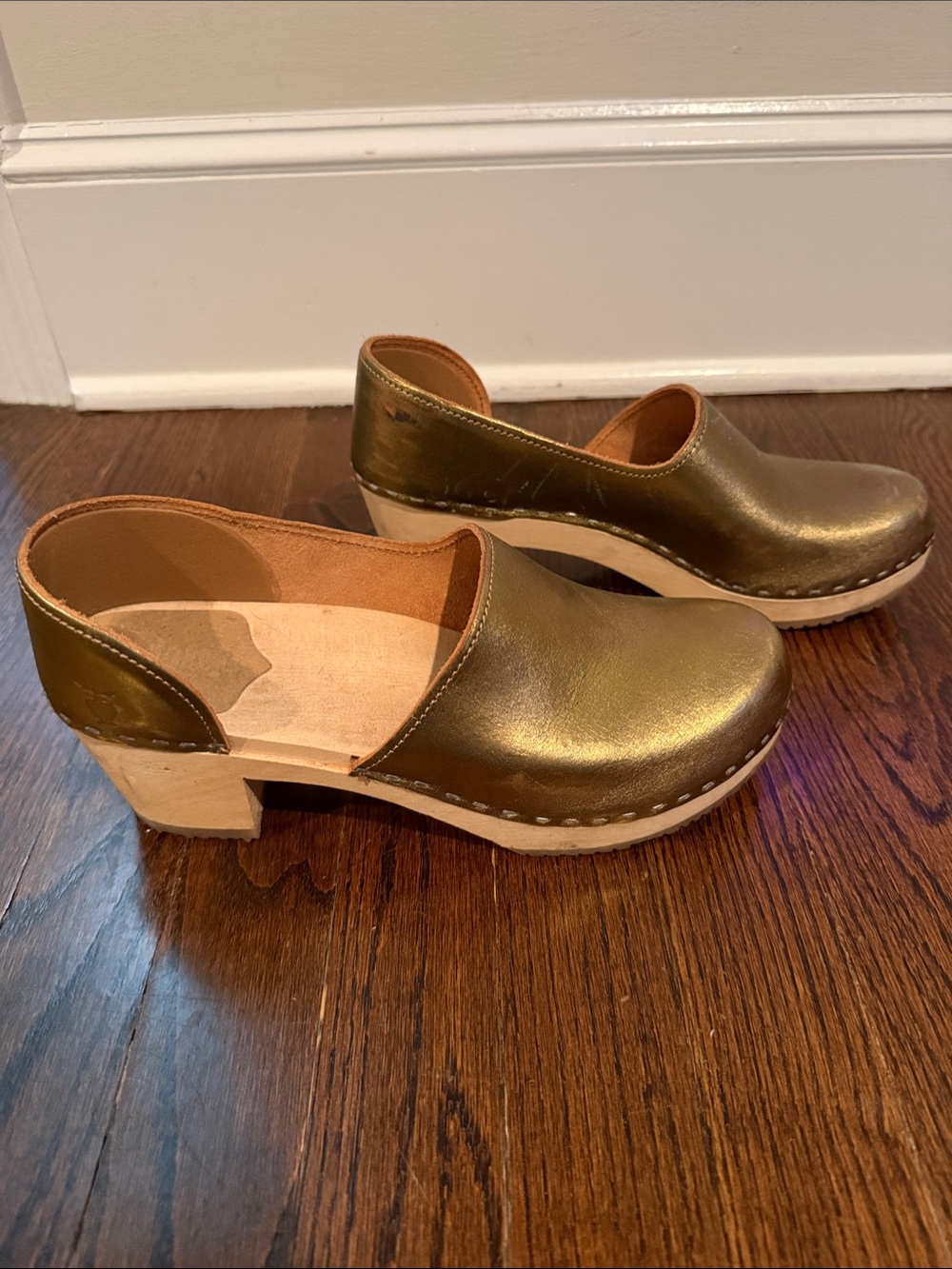 Metallic Olive Green Leather Clog Mules with Wooden Heel